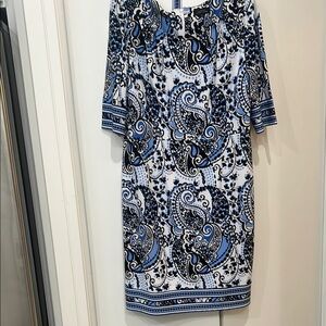 Tahari Blue and White Midi Dress with Crew Neck
